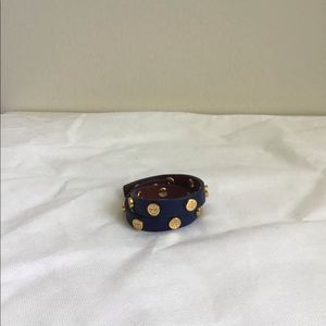 TORY BURCH Navy Leather Logo Wrap Bracelet